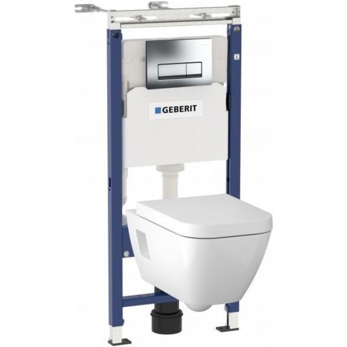 Комплект инсталляции GEBERIT DUOFIX PLATTENBAU 458.125.21.1 с клавишей DELTA 51 хром глянец с подвесным унитазом RENOVA PLAN 500.378.01.1 и сиденьем микролифт 500.691.01.1 458.125.21.1-500,378